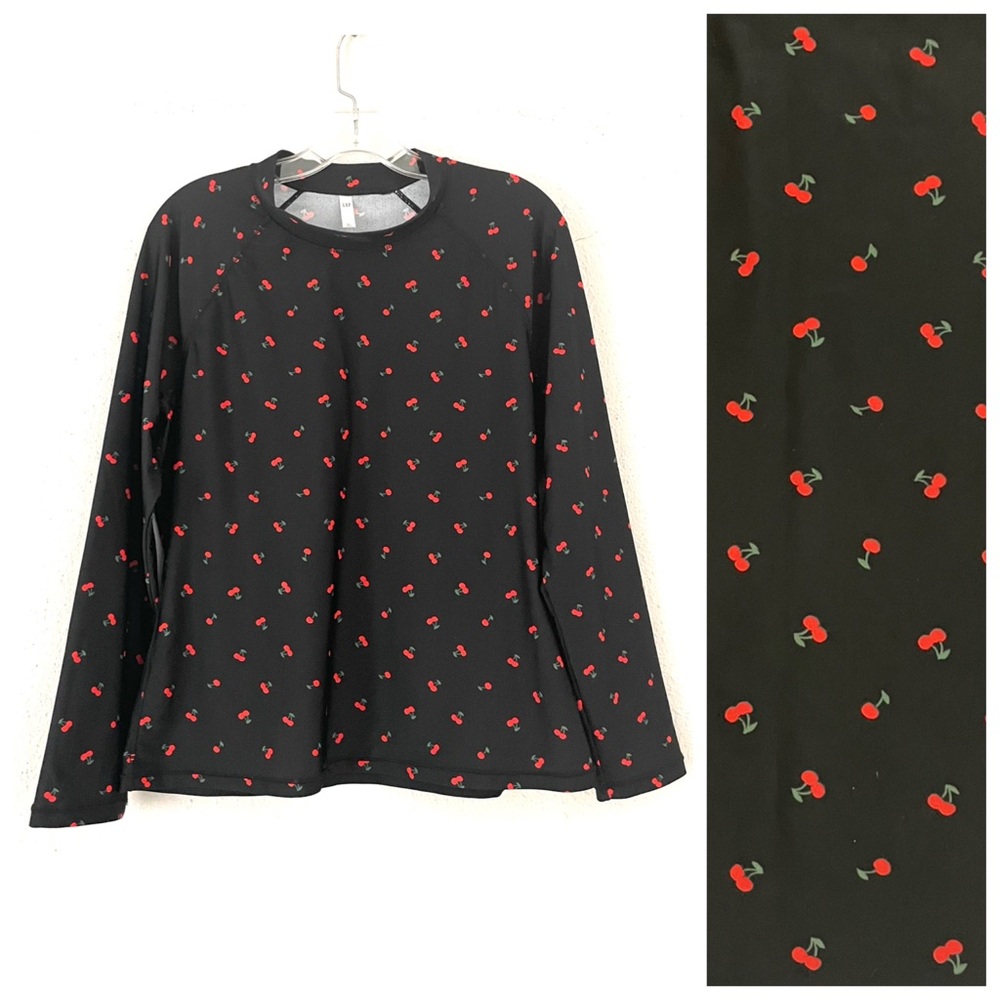 GAP Cherry Print Long Sleeve Rash Guard Top Black Size XL